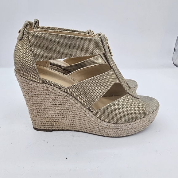 Michael Kors Damita Tan Sand Canvas Zip Wedge Espadrille Platform Sandal Sz 9.5 - Picture 3 of 12